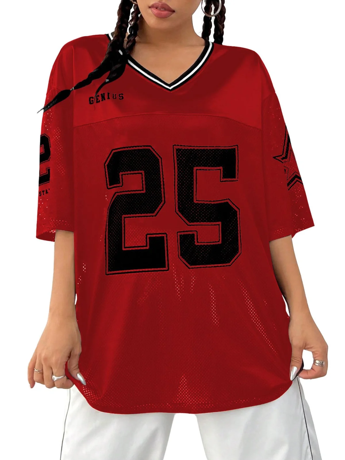 Verdusa Jersey Shirts for Women Y2K Graphic Tees Oversized Streetwear T Shirt V Neck Football Jersey