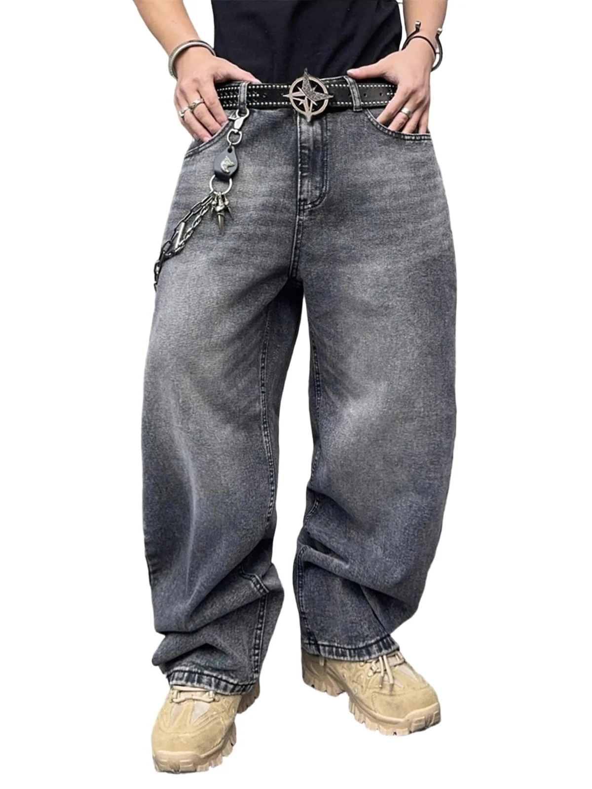 DFGIGT Mens Streetwear Hip Hop Baggy Jeans Wide Leg Skater Denim Pants Loose Long Trousers